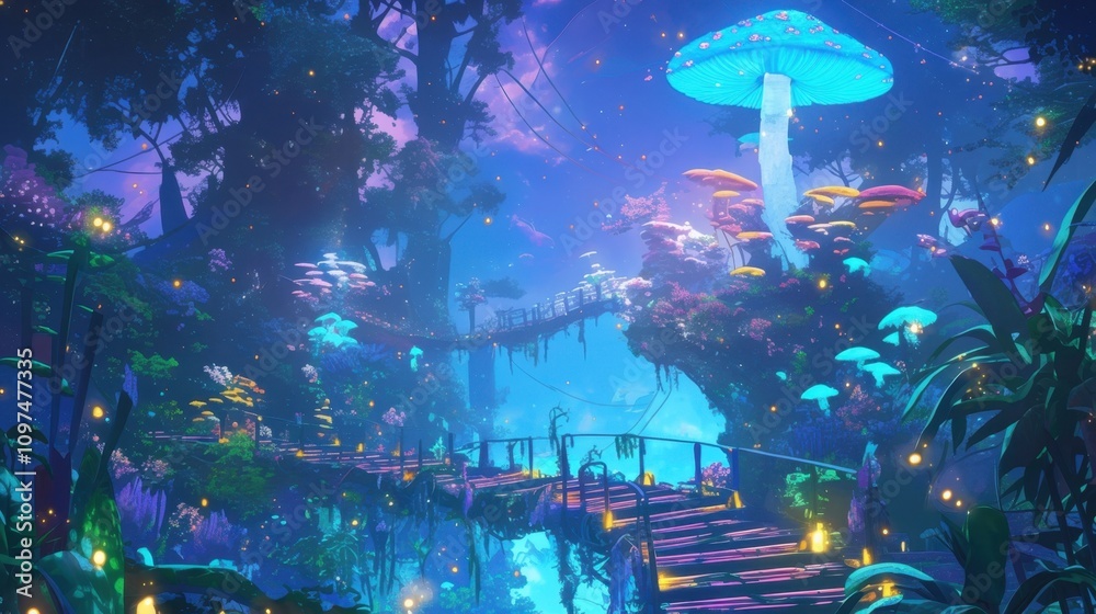 Fototapeta premium A winding path illuminated by colorful neon mushrooms and fireflies leading deeper into the mysterious neon forest.
