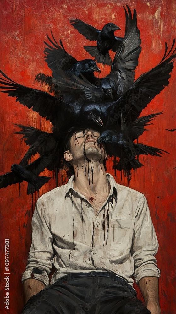 Surreal Macabre Painting: Man and Crows in a Dramatic Scene of Blood and Darkness Surreal Macabre Painting: Man and Crows in a Dramatic Scene of Blood and Darkness