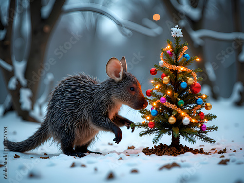 A whimsical creature admiring a mini christmas tree in a snowy winter wonderland, photography of nature concept.