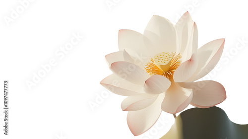 A lotus flower with soft pink petals and a yellow center, floating on a seamless white background