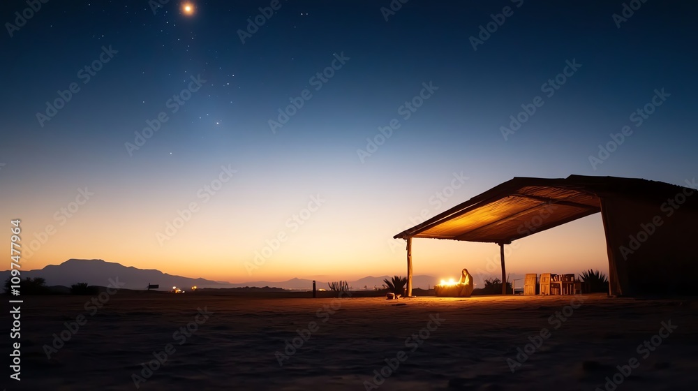 A serene nativity scene under a starlit sky, with glowing lights adding warmth A serene nativity scene under a starlit sky, with glowing lights adding warmth