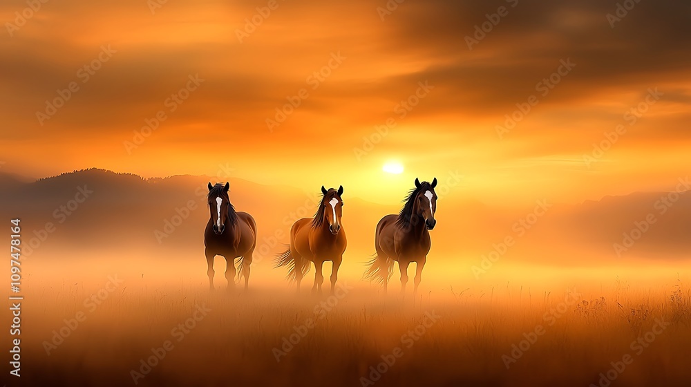 Expansive prairie with rolling fog, wild horses grazing in the distance, soft golden hues of grasslands, natural freedom, Ultra-Realistic, Photo Realistic, highly detailed, Expansive prairie with rolling fog, wild horses grazing in the distance, soft golden hues of grasslands, natural freedom, Ultra-Realistic, Photo Realistic, highly detailed,