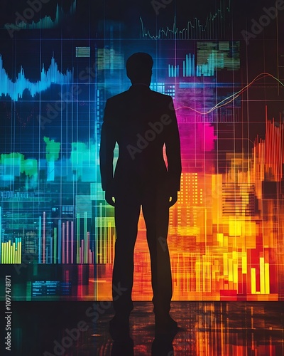 Double exposure Corporate focus, Businessman Silhouette Against Colorful Graph Background