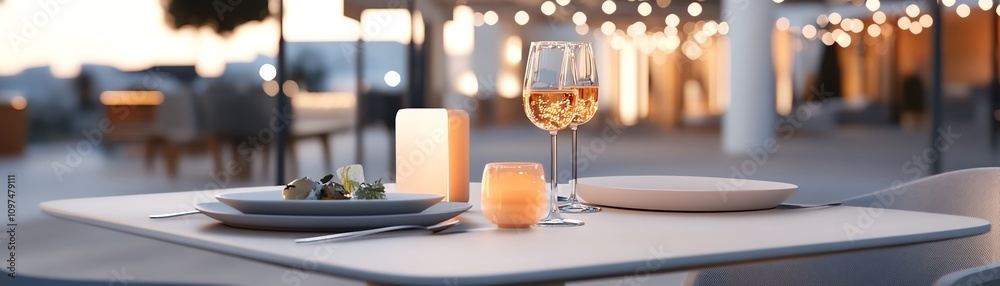 An intimate holiday dinner for two, with fairy lights strung overhead and a romantic winter setting An intimate holiday dinner for two, with fairy lights strung overhead and a romantic winter setting