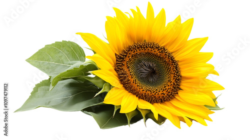 stunning sunflower with a bright yellow crown and intricate brown center, isolated on a plain white background