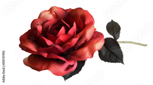 vibrant red rose in full bloom with detailed petals and a green stem, placed on a seamless white background