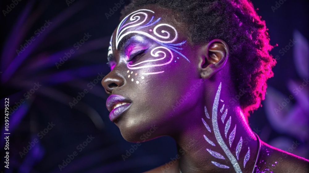 Obraz premium A vibrant portrait presenting a figure with detailed neon purple and silver strokes swirling around their eyes. The artistic application enhances the facial features while