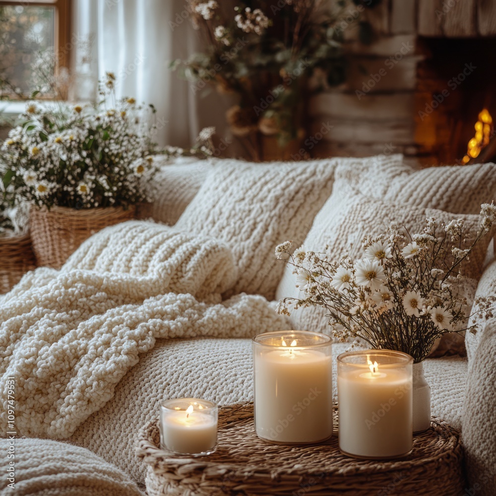 Cozy Living Room Scene With Candles And Flowers Cozy Living Room Scene With Candles And Flowers