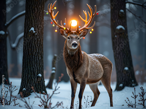 Majestic deer illuminated by winter sunlight in a snowy forest landscape, digital painting of nature concept. photo