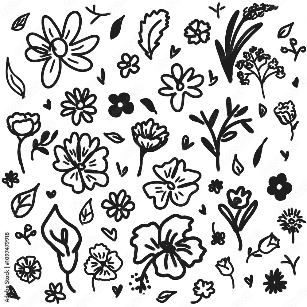 hand drawn black and white seamless pattern with flowers hand drawn black and white seamless pattern with flowers