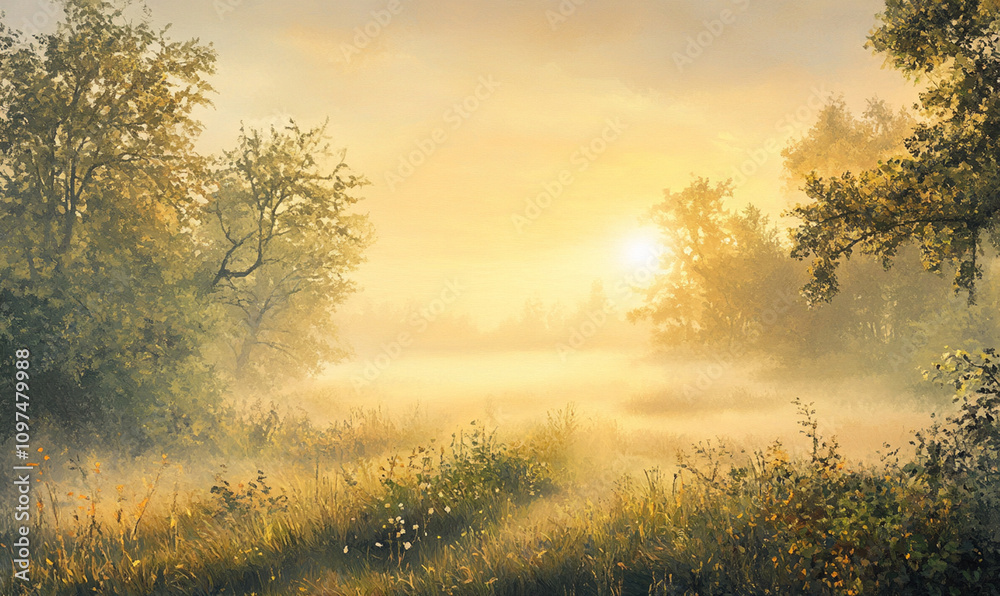 Fototapeta premium Sunset light flares in summer forest with soft fog surrounded it, Tropical Stunning view of with sunrise mist and fog rays