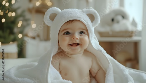 Cute smiling baby in a white towel with a bear ear hat, close-up portrait, home interior background, copy space, commercial photography.