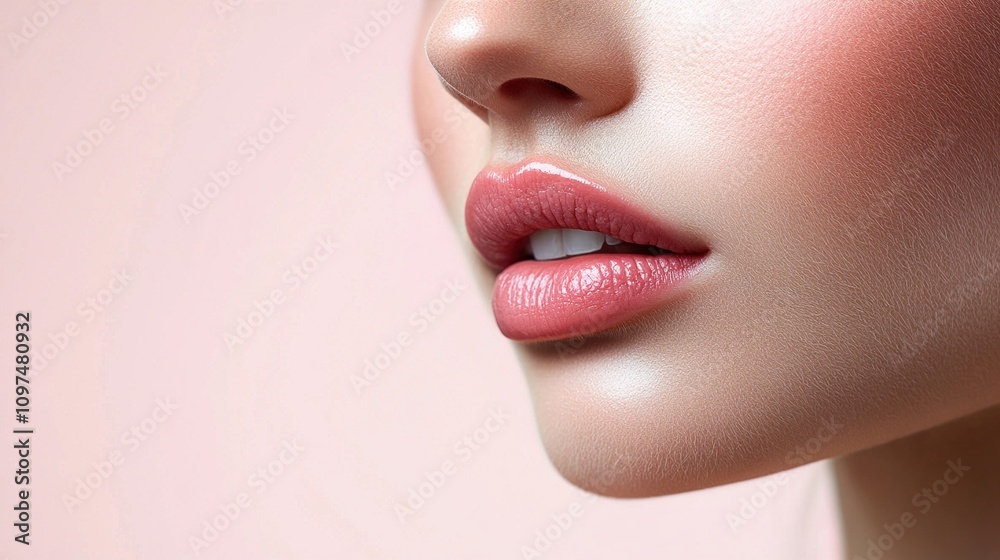 Naklejka premium Close-up of Beautiful Pink Lips, Makeup, Beauty, Sensual, Cosmetics, Fashion Photography