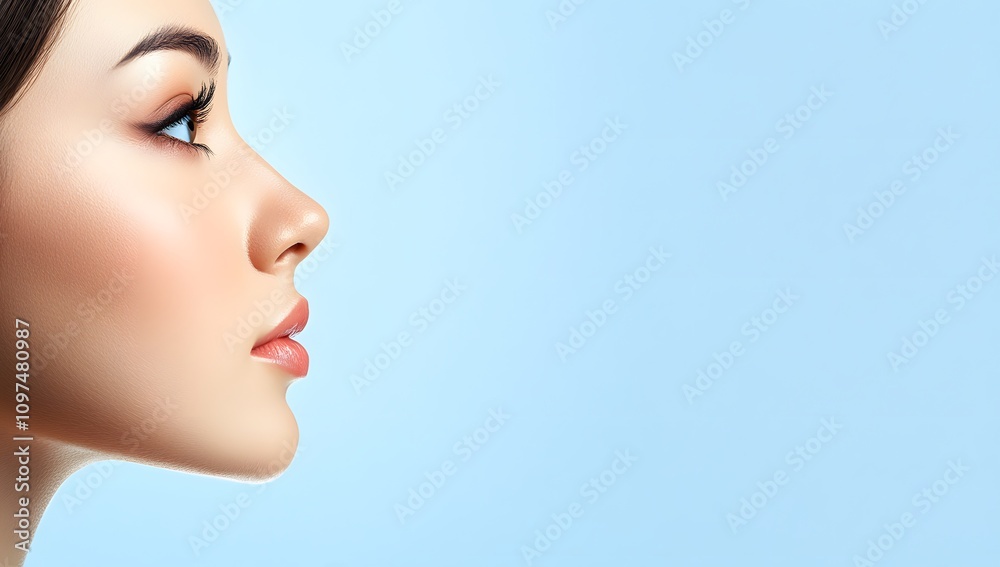 Beautiful woman with flawless, fresh skin in a portrait against a light blue background, conveying a spa and beauty concept. Beautiful woman with flawless, fresh skin in a portrait against a light blue background, conveying a spa and beauty concept.