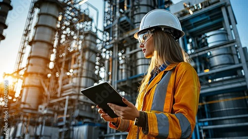 A woman in safety gear using a tablet at an industrial site during sunset.