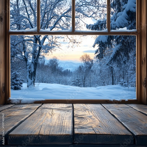 Wooden Window Winter Landsc...