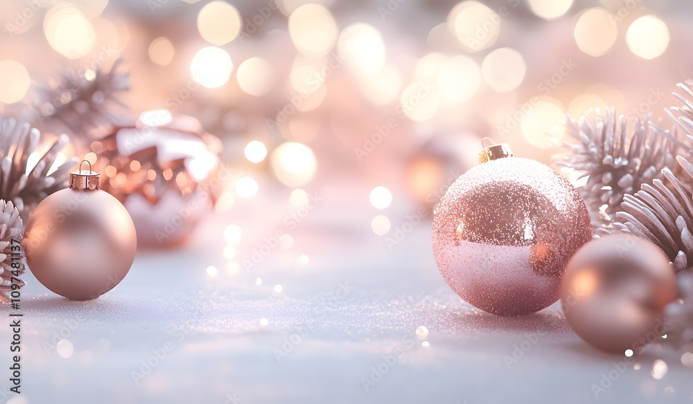 Christmas background with rose gold decorations and bokeh lights, elegant Christmas decoration with shiny ornaments on a white tabletop, Christmas background with rose gold decorations and bokeh lights, elegant Christmas decoration with shiny ornaments on a white tabletop,