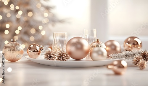 Christmas background with rose gold decorations and bokeh lights, elegant Christmas decoration with shiny ornaments on a white tabletop, photo