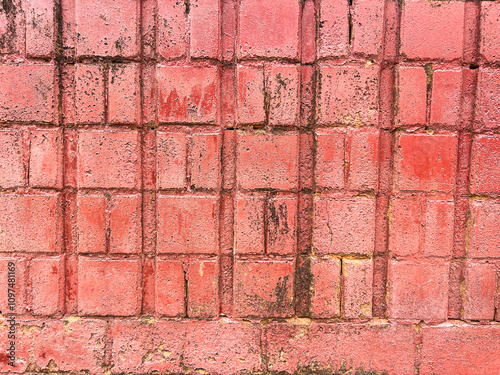 Old Red Brick Wall with Black Stains and Erosion, Perfect for Rustic and Industrial Background Designs photo