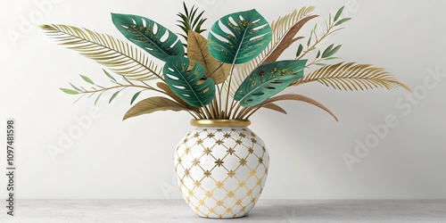 Sophisticated white glass diExotic white vase filled with a colorful mix of green leaves and gold-toned accents in a bohemian-inspired setting, green leaves, gold accents, floral,