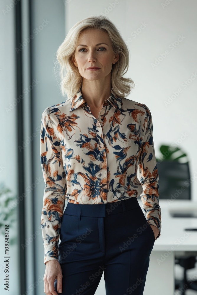 Woman in office with floral shirt Woman in office with floral shirt