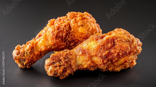 Delicious crispy fried chicken drumsticks ready to savor and enjoy. photo