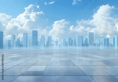 Empty square floor with a city skyline background. Modern urban landscape with a blue sky and clouds, sunlight in the morning.