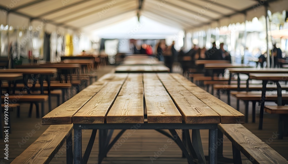 Wooden beer tables in an outdoor covered area, shot from the front perspective. A large wooden table with long wood benches and metal legs, Wooden beer tables in an outdoor covered area, shot from the front perspective. A large wooden table with long wood benches and metal legs,