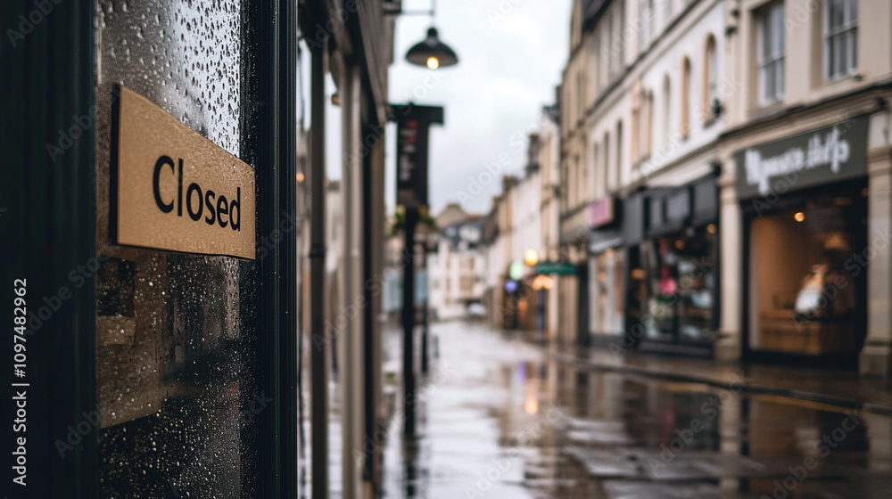 Fototapeta premium Closed boutique storefront with elegant window display, symbolizing the end of a day and the anticipation of a new beginning