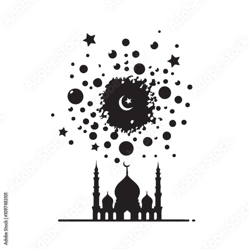 Ramadhan Kareem. Mosque and crescent with stars on white background, vector illustration.