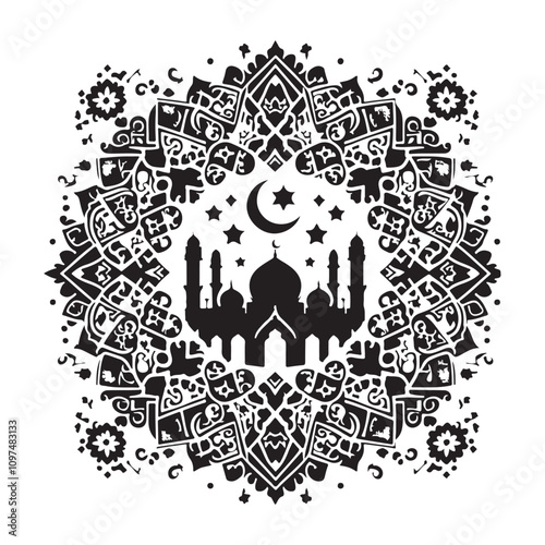 Ramadhan Kareem. Mosque and crescent with stars on white background, vector illustration.