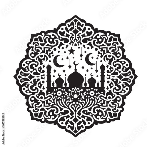 Ramadhan Kareem. Mosque and crescent with stars on white background, vector illustration.
