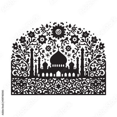 Ramadhan Kareem. Mosque and crescent with stars on white background, vector illustration.
