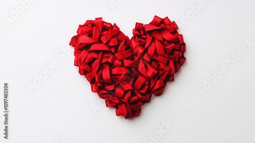 A heart shape made of red rose petals against a white background, symbolizing love and romance.