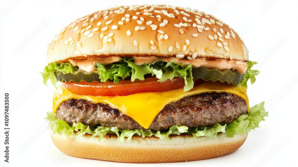 A perfectly assembled double cheeseburger with a sesame seed bun, two juicy beef patties, melted cheese A perfectly assembled double cheeseburger with a sesame seed bun, two juicy beef patties, melted cheese