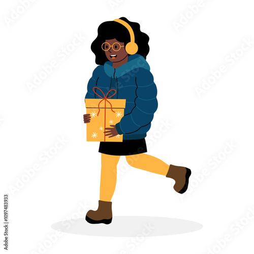 Young girl joyfully running with a gift during winter festivities