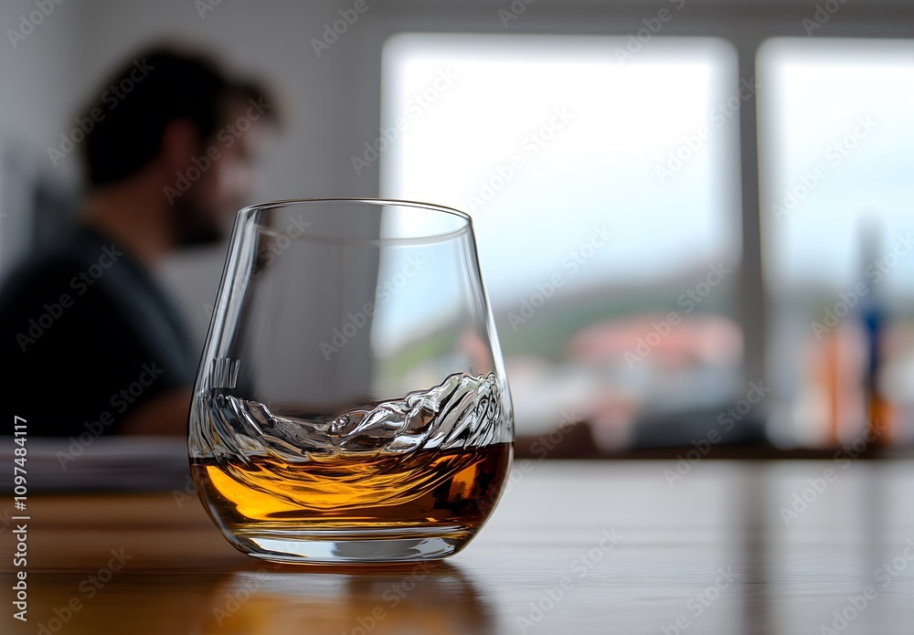 A glass of whiskey on the table, a blurred, sad man in the background sitting at an office desk. This is a stock photo with copy space left for text. A glass of whiskey on the table, a blurred, sad man in the background sitting at an office desk. This is a stock photo with copy space left for text.