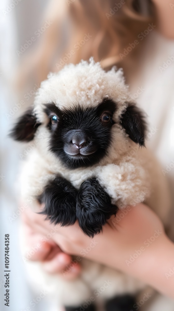 A person lovingly holds a small baby Valais, showcasing its fluffy white coat and adorable black face. The warm atmosphere emphasizes the bond between the animal and its caretaker. A person lovingly holds a small baby Valais, showcasing its fluffy white coat and adorable black face. The warm atmosphere emphasizes the bond between the animal and its caretaker.