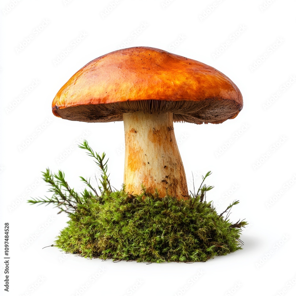 Mushroom with orange cap on green moss, showcasing nature beauty Mushroom with orange cap on green moss, showcasing nature beauty
