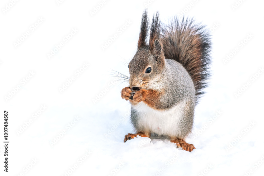 Fototapeta premium red squirrel with a fluffy tail eats a nut on snow in park.