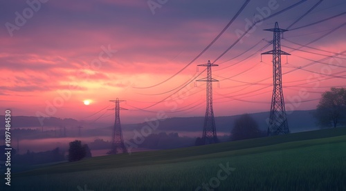 High-voltage power lines and electric pylons stand resolute against the backdrop of an idyllic sunset landscape, symbolizing energy technology photo