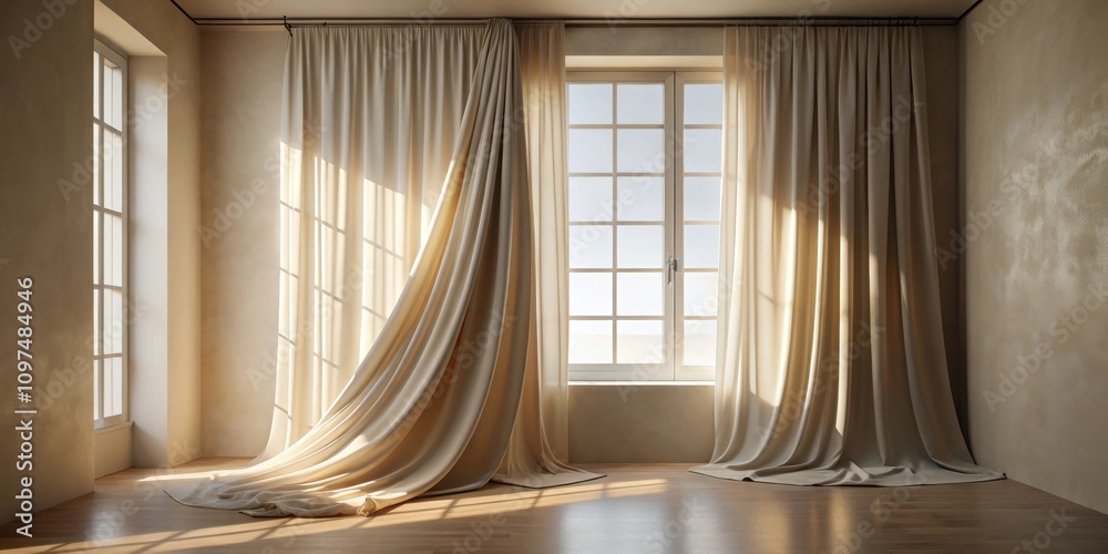 Sunlit Room with Draped Curtains and Hardwood Floor Sunlit Room with Draped Curtains and Hardwood Floor