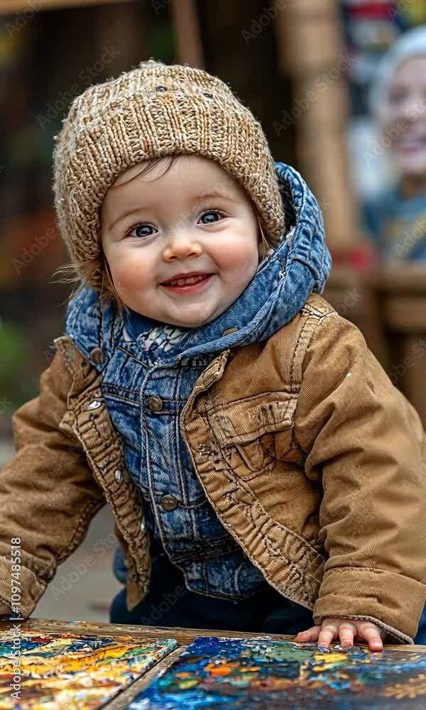 A joyful toddler in a cozy outfit smiles while exploring outdoors. A joyful toddler in a cozy outfit smiles while exploring outdoors.