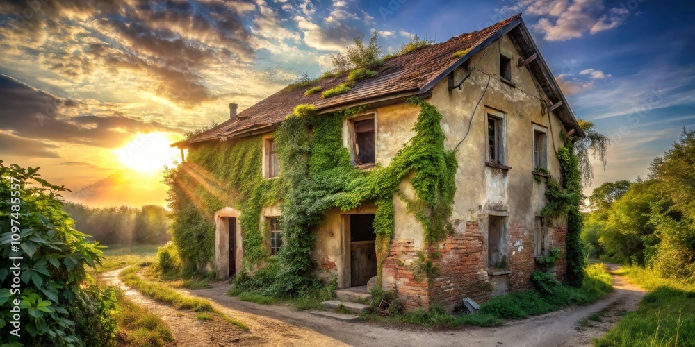 Abandoned Farmhouse at Sunset, Overgrown with Vines and Bathed in Golden Light Abandoned Farmhouse at Sunset, Overgrown with Vines and Bathed in Golden Light