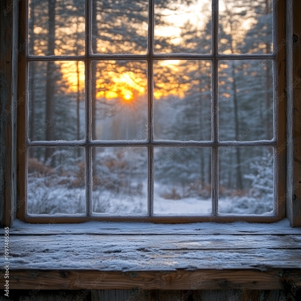 Fototapeta premium Frosty Window Winter Sunrise Forest View