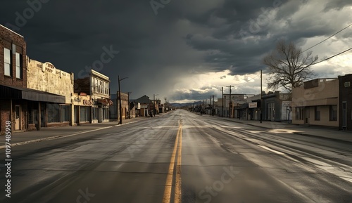 Photo of an empty main street in a small town in the United States, with a cloudy sky and dramatic lighting. The image is photorealistic, with a wide-angle perspective.