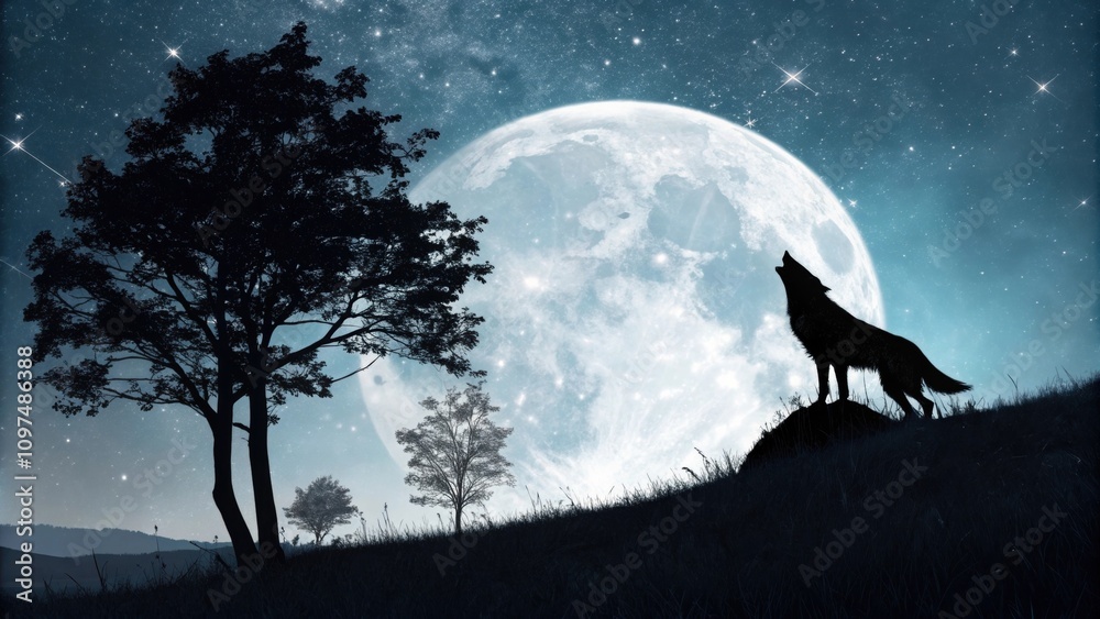 A clearing filled with soft grass where a lone wolfcostumed figure stands majestically howling towards the bright full moon. A clearing filled with soft grass where a lone wolfcostumed figure stands majestically howling towards the bright full moon.
