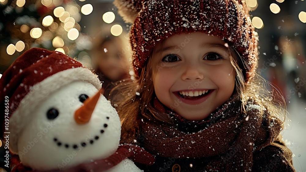 A joyful child smiles warmly while holding a snowman, surrounded by festive lights and falling snow, capturing the essence of winter and holiday cheer. A joyful child smiles warmly while holding a snowman, surrounded by festive lights and falling snow, capturing the essence of winter and holiday cheer.
