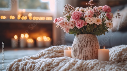 Pink Flowers in Knitted Vas...