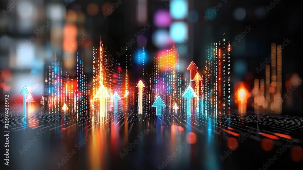 A vibrant digital visualization of ascending arrows and colorful bars, representing growth, progress, and data analytics in a futuristic setting. A vibrant digital visualization of ascending arrows and colorful bars, representing growth, progress, and data analytics in a futuristic setting.